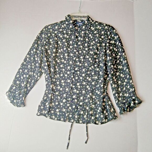 Ann Taylor Long Sleeve Blouse Size 2 100% Silk, Black & White Floral Button up - Picture 1 of 8